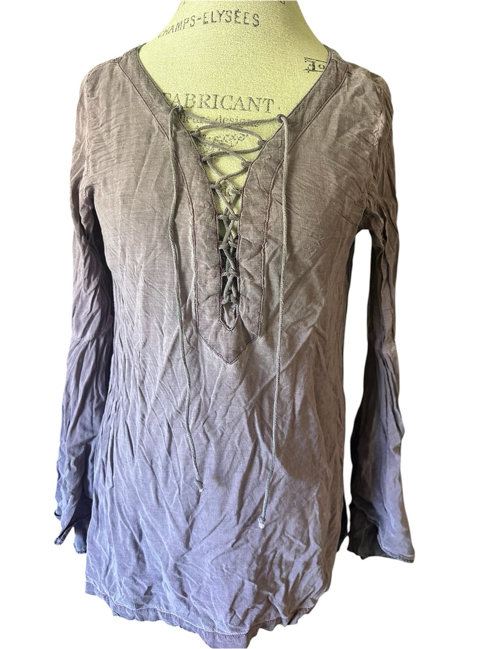 Rock & Republic Taupe to Lavender Ombre Lace-Up Long Sleeve Tunic